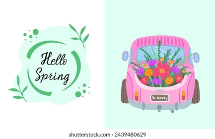 hello spring, pickup truck with flowers. Vector Illustration for printing, backgrounds, covers and packaging. Image can be used for cards, posters, stickers and textile. Isolated on white background.