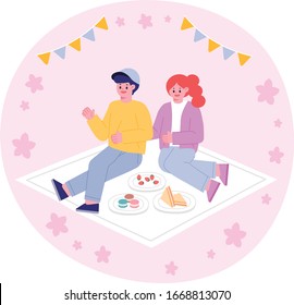Hello spring, picnic, sitting couple. People Vector Illustrations
