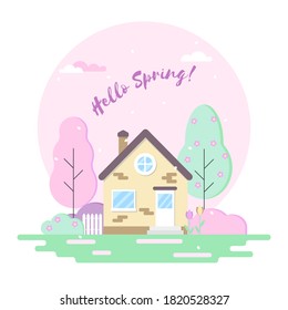 Hola primavera. Imagen de una casa con árboles y flores, ilustración de estilo plano