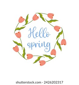 Hello spring, pink background, frame with tulips white isolated background. vector illustration
