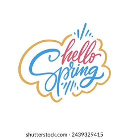 Hola Primavera de color rosa y azul caligrafía frase de letras. Arte vectorial aislado sobre fondo blanco.