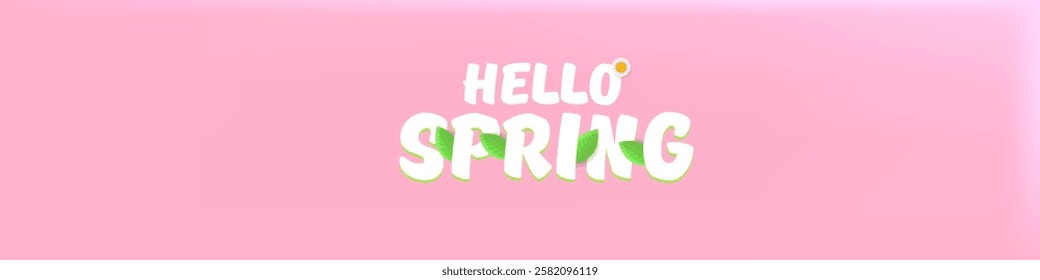 Hello spring pink horizontal banner with text and flowers on soft pink background with pink clouds. hello spring slogan or label isolated on pink background. Springtime banner and header