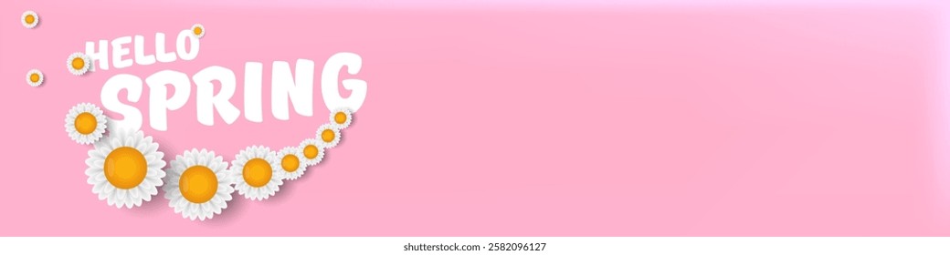 Hello spring pink horizontal banner with text and flowers on soft pink background with pink clouds. hello spring slogan or label isolated on pink background. Springtime banner and header
