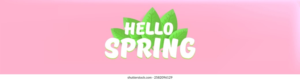 Hello spring pink horizontal banner with text and flowers on soft pink background with pink clouds. hello spring slogan or label isolated on pink background. Springtime banner and header