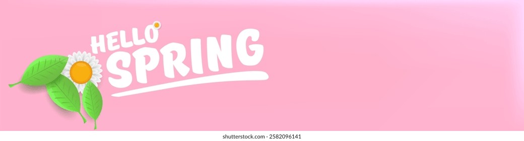 Hello spring pink horizontal banner with text and flowers on soft pink background with pink clouds. hello spring slogan or label isolated on pink background. Springtime banner and header