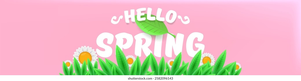 Hello spring pink horizontal banner with text and flowers on soft pink background with pink clouds. hello spring slogan or label isolated on pink background. Springtime banner and header