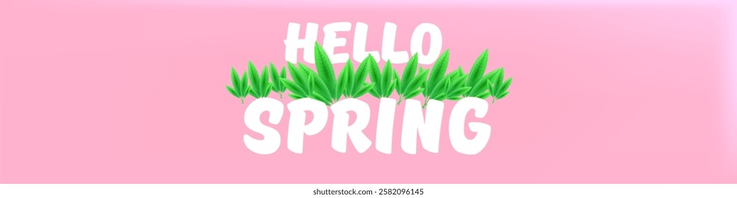 Hello spring pink horizontal banner with text and flowers on soft pink background with pink clouds. hello spring slogan or label isolated on pink background. Springtime banner and header
