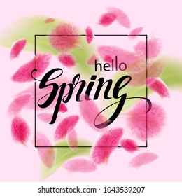Hello Spring. Pink petals soar in the air. Vector illustration.