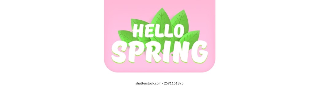 Hello spring pink and white horizontal banner with text and flowers. hello spring slogan or label isolated on pink background. Springtime banner, corner , sticker and header