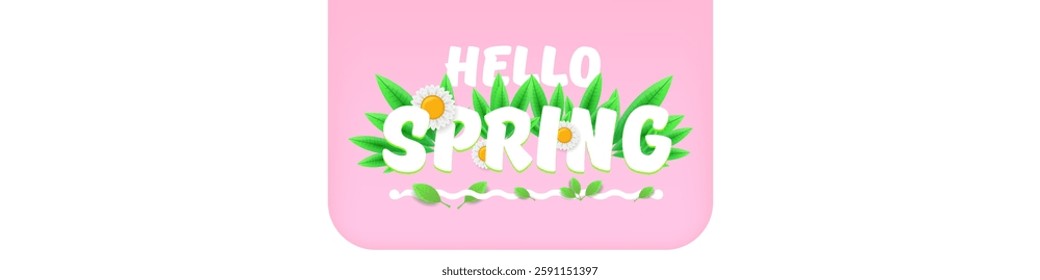 Hello spring pink and white horizontal banner with text and flowers. hello spring slogan or label isolated on pink background. Springtime banner, corner , sticker and header