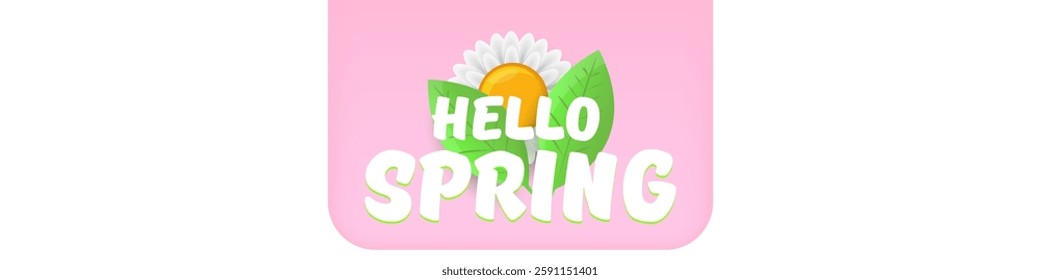 Hello spring pink and white horizontal banner with text and flowers. hello spring slogan or label isolated on pink background. Springtime banner, corner , sticker and header