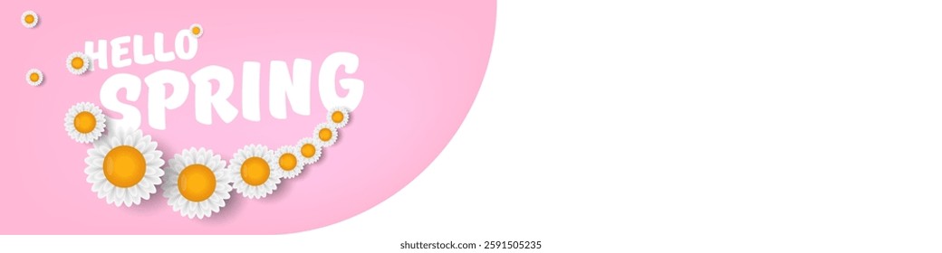 Hello spring pink and white horizontal banner with text and flowers. hello spring slogan or label isolated on pink background. Springtime banner, corner , sticker and header