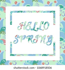 Hello spring pop art poster with floral colorful pattern, modern banner in trendy paper cut style, trendy vector fashion invitation, gift card
