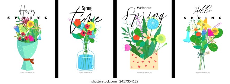 Hola postal primavera con flores abstractas de dibujo en jarrón. Carta de bienvenida con dibujos a mano de flores de ramo. Diseño botánico en vacaciones para mujeres. El verano florece como bandera. Plantas de hierbas en el afiche de los pasos del sobre