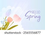 Hello Spring. Postcard, banner, poster with spring flowers, cartoon style.