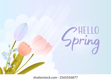 Hello Spring. Postcard, banner, poster with spring flowers, cartoon style.