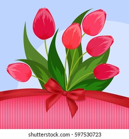 Hello spring. Postcard with cute spring tulips