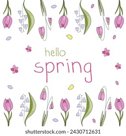 Hallo Frühling! Eine Postkarte mit Frühlingsblumen. Skizzenstil.