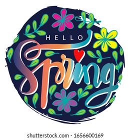 Hello spring postcard. Modern brush calligraphy.