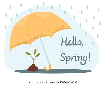 Hello, spring! A postcard, poster, flyer or banner with an open yellow umbrella and a plant and lettering. A vector drawing drawn by hand. Cute cartoon design