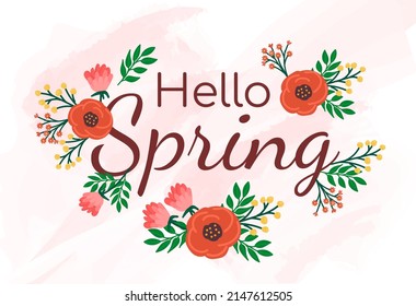 Hello spring postcard. Posters or banners for website. Congratulatory or invitation card. End of winter and change of seasons, flowering of flowers and plants. Cartoon flat vector illustration