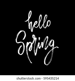 Hello spring postcard. Seasonal lettering. Ink illustration. Modern brush calligraphy. White chalk calligraphy lettering on blackboard. Vector illustration stock vector.