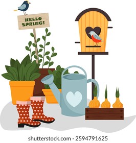 Hello spring. Postcard with a spring theme. Birdhouse with birds. Pots with plants, flower bulbs in a box. Rubber boots and a watering can. Spring birds. Wooden sign with an inscription. Vector