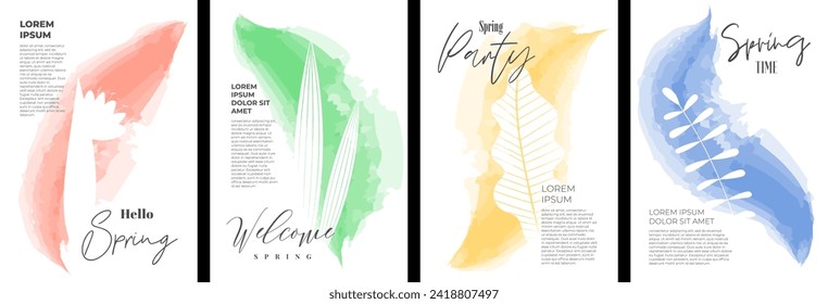 Hello spring poster abstract watercolor drawing flowers. Minimal style flower art hand drawn. March women holiday placard. Floral aquarelle paint brush postcard. Herbal plant vector design banner set