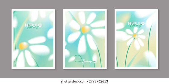 Hello Spring poster background template set with blurry white daisy flowers on soft green background. Modern abstract botanical vector illustration with out of focus floral for cover design.