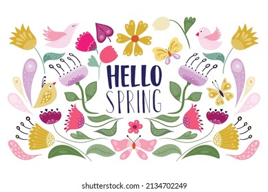 Hello Spring poster, banner, background with seasonal design, floral elements, flowers and birds, decorative doodle style