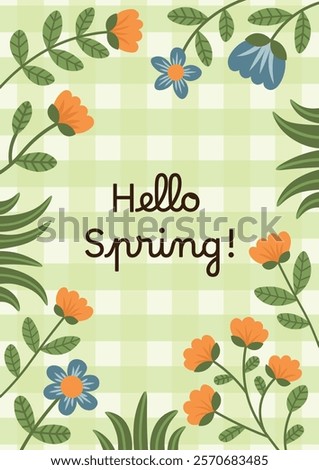 Hello Spring Poster. Banner with botanical elements, flowers, grass, branches, leaves on checkered background. Spring vector floral greeting card. 