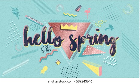 Hello Spring poster, banner in trendy 80s-90s Memphis style. Copper metal and rose gold vector illustration, lettering and colorful design for poster, card, invitation. Easy editable for Your design.