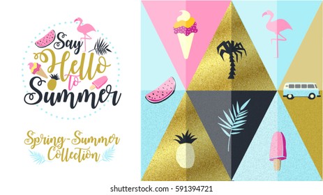 Hello Spring poster, banner in trendy 80s-90s Memphis style. Copper metal and rose gold vector illustration, lettering and colorful design for poster, card, invitation. Easy editable for Your design.