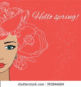 Hello spring! poster with beautiful girl and flowers