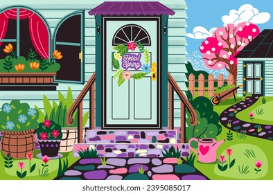 Hello Spring poster. Colorful background with rustic house, green lawn with blooming flowers and plants, garden bed and pink sakura. Design for banner. Cartoon flat vector illustration in doodle style