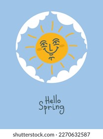Hola afiche de primavera con un bonito sol de dibujos animados y nubes. Ilustración vectorial de fondo de primavera.
