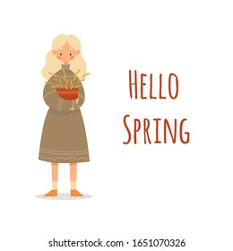 Hello spring poster with cute character girl holding a flower pot. Vector illustration.