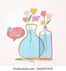 Hola póster de primavera. Lindas flores en jarrón. Diseño plano. Vector aislado icono. Dibujado a mano ilustración. Manchado abstracto dibujado a mano de color grande pintado. Forma rectangular de punto texturizado vectorial.