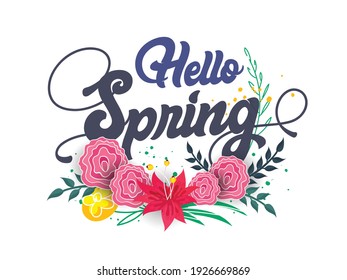 "Hello Spring" Poster Design. Colorful Floral Pattern for Spring Season with Flowers and Leaves.