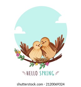 Hello Spring Poster Design With Couple Bird Sitting At Floral Branch On Blue And White Background.