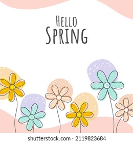 Hello Spring Poster Design With Pastel Flowers On Pink And White Background.