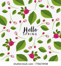 Hello spring poster design with pink flowers illustration