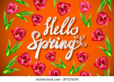 Hello Spring Poster Design in Realistic Colorful Vector Flowers Background with Vines for Spring Season. Vector Illustration art