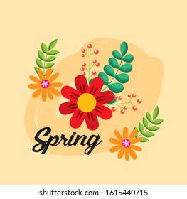 hello spring poster with floral decoration vector illustration design