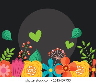 hello spring poster with floral frame vector illustration design