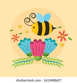 hello spring poster with flowers and bee flying vector illustration design