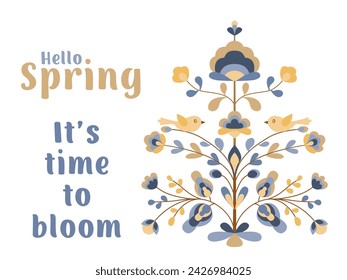 Hello spring poster with flowers and birds on tree of life. Blooming sakura tree, chickadee bird, spring flowers. Folk style floral zoomorphic ornament. Abstract spring blossom on twigs.