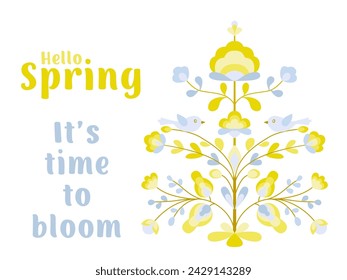 Hello spring poster with flowers and birds on tree of life. Blooming apricot tree, nightingale bird, spring flowers. Ethnic style floral zoomorphic ornament. Abstract spring blossom on sprout.