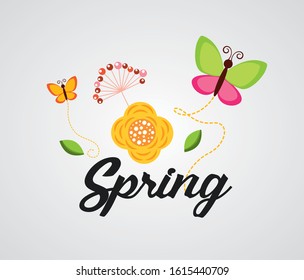 hello spring poster with flowers and butterflies vector illustration design