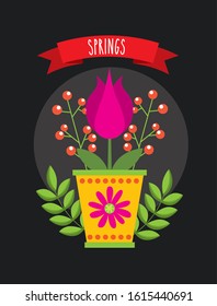 hello spring poster with flowers in ceramic pot vector illustration design